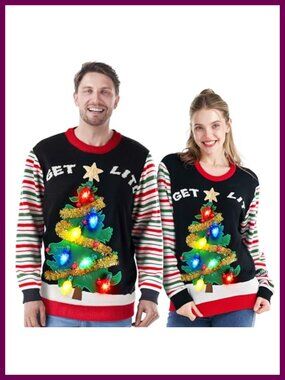 Unisex LED Light Up Ugly Christmas Sweater Pullover Crew Neck Long Sleeve